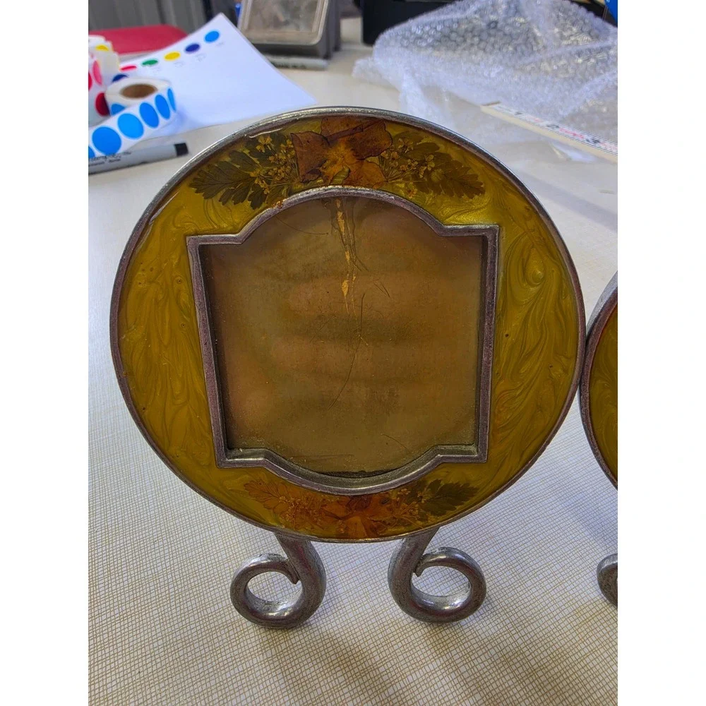 Vintage Yellow Enamel Pressed Flower Round Picture Frames Set of 2 Made in USA